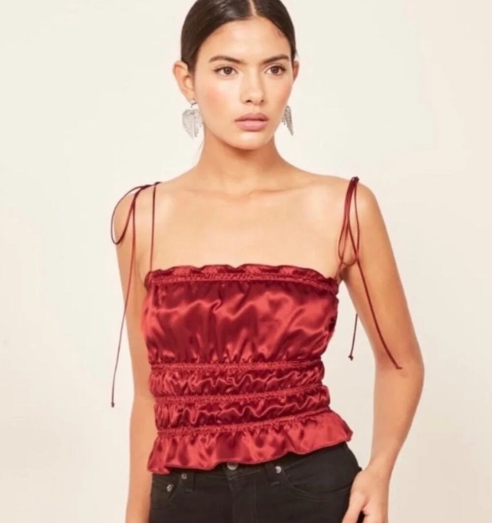 Reformation Viviana Crimson Red Silk Satin Smocked Cami Top Size S